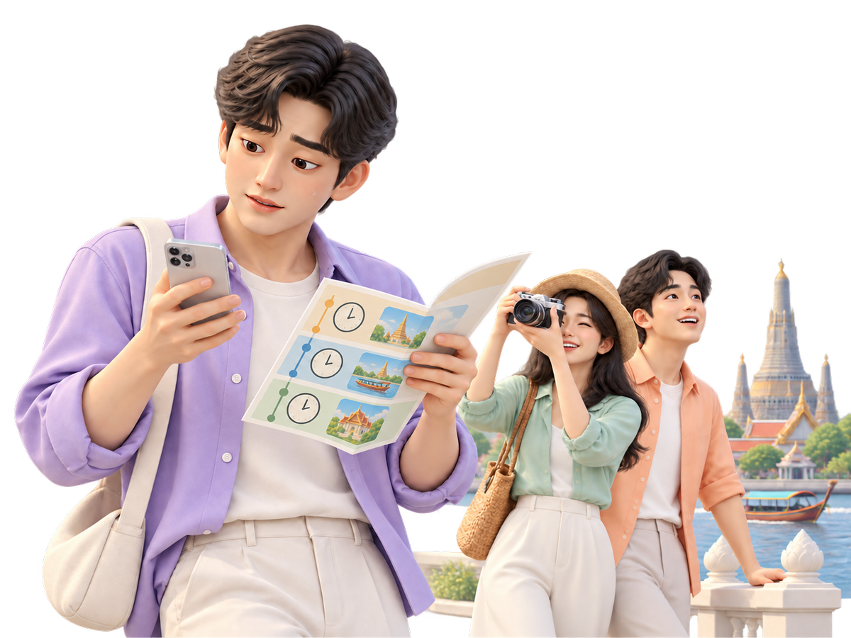 일정을 챙기는 여행 책임자와 여행을 즐기는 일행