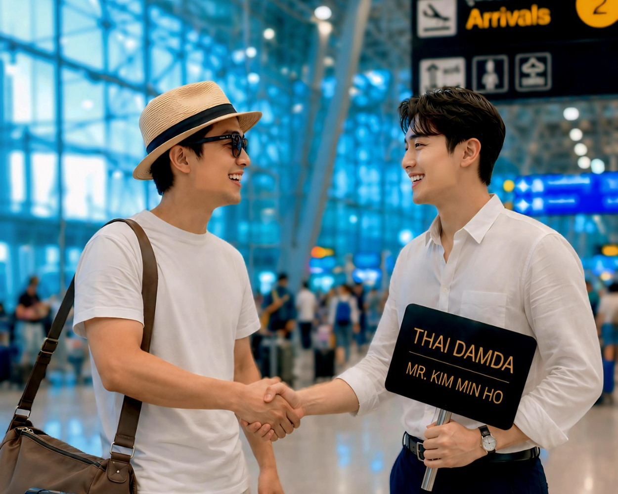 공항 도착장에서 여행자와 타이담다 담당자가 만나 악수하는 장면